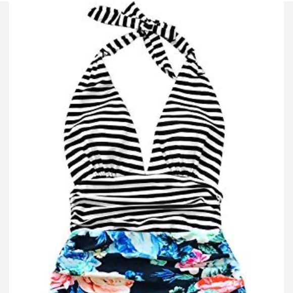 NWT Cupshe stripe halter top floral bottom one piece swim suite SZ Medium - Picture 5 of 6
